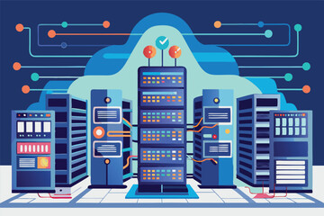 Poster - Data center server room infrastructure with cloud computing and network connection clipart vector illustration