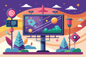 Poster - Vector illustration of a colorful futuristic city billboard advertisement during the daytime with trees, hills, clouds, and stars
