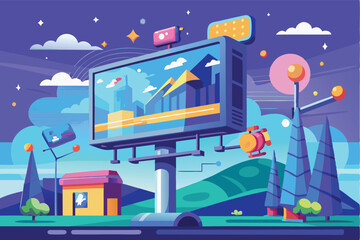 Poster - Vector illustration of a colorful futuristic city billboard advertisement during the daytime with trees, hills, clouds, and stars