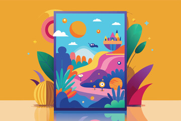 Poster - Colorful vector illustration of a whimsical landscape featuring cartoon mountains, water, and sky under a lightbulb at daytime
