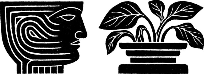Poster - Folk art style woodcut illustration of abstract face and plant with textured print design
