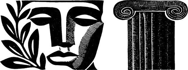 Poster - Folk art inspired woodcut print with face and column design in black and white