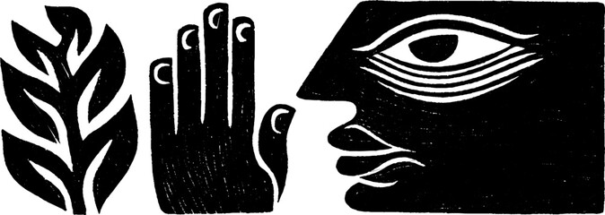 Poster - Neo folk art style illustration featuring leaf, hand, and face