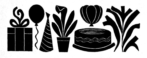 Poster - Neo folk art inspired party celebration elements with gift and balloons