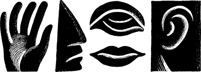 Poster - Neo folk art style illustration featuring hand, face, eyes, lips, and ear icons