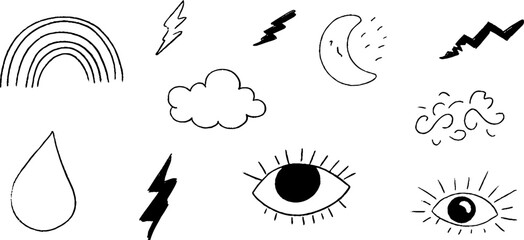 Poster - Quirky grayscale illustration set featuring rain and weather elements for creative design