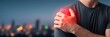 © Premium Graphics - Person cleaning windows with an overlay displaying shoulder impingement syndrome in the right shoulder the compressed tendon area glowing red
