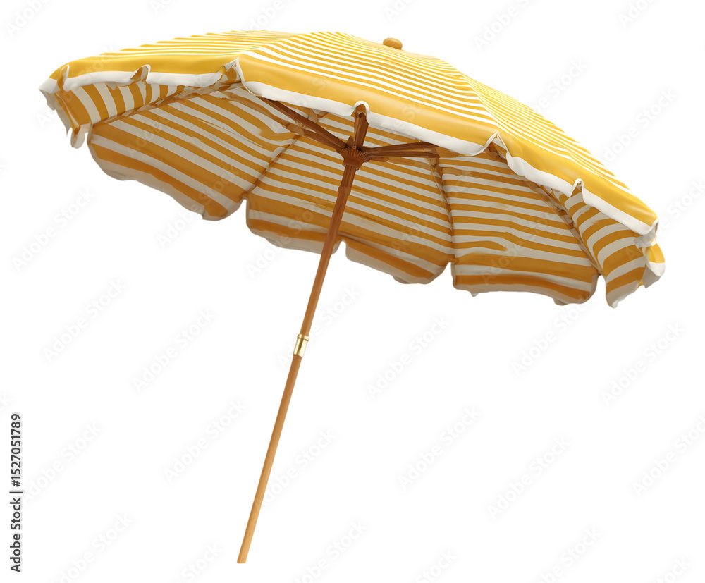 A yellow and white striped beach umbrella with a wooden pole on a black ...