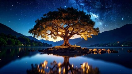 Wall Mural - Solitary tree on island illuminated by starlight reflected in still lake at night with a dramatic starry sky and distant forested mountains