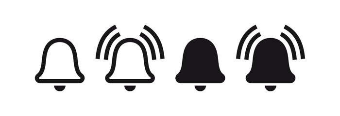 Leinwandbilder - Set of bell notification icons in ringing and silent styles for notifications, reminders and alerts. Ideal for UI/UX, apps, alerts, reminders, and interface design in vector format. in outlinE, solid