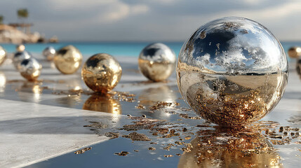 Poster - Artistic sphere with Earth-like continents in gold texture on a cracked stone surface, featuring metallic sheen and photorealistic reflections