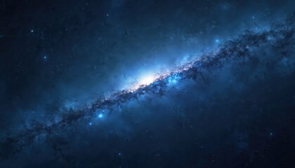 Wall Mural - Cosmic illustration, dark blue space, scattered stars and nebulae. Galaxy cluster shines in the distance, nebula formation. Deep universe exploration, night sky, science and technology.