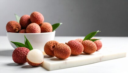 Poster - Fresh Lychee Fruits Displayed in a Bowl and Arranged on a Cutting Board With Green Leaves