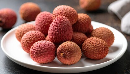 Poster - Fresh Lychee Fruits on a White Plate, Ready to Enjoy in a Kitchen Setting