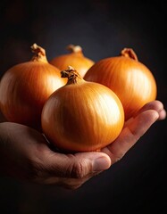 Poster - Person Holding Fresh Onions in Hand Against Dark Background for Culinary Use and Preparation