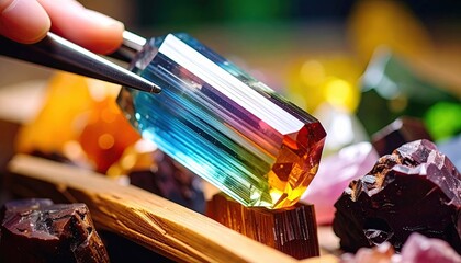 Aufkleber - Polychrome Tourmaline Crystal Displayed Among Various Gemstones and Minerals in a Hands-On Setting
