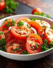 Poster - Fresh Tomato and Onion Salad With Vibrant Greens on a Rustic Wooden Table