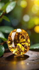 Poster - Sparkling Natural Yellow Sapphire Rests on Wooden Surface Surrounded by Lush Greenery and Sunlight