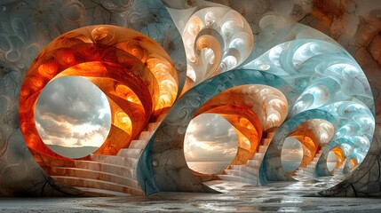 Poster - Intricate fractal design features mesmerizing swirling patterns of blue and orange under soft lighting creating textured leaf-like forms in a captivating abstract display.