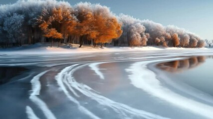 Wall Mural - Frozen trees reflected in calm water.  Winter wonderland scene with icy branches and orange trees mirrored perfectly