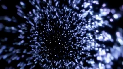 Poster - Bright particles flying through dark space. Dynamic motion of light dots, abstract concept of data flow or teleportation.