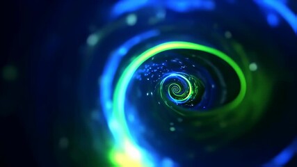 Poster - Green and blue neon tunnel with bright particles. Abstract psychedelic light vortex going into a wormhole. Futuristic cosmic spiral animation.
