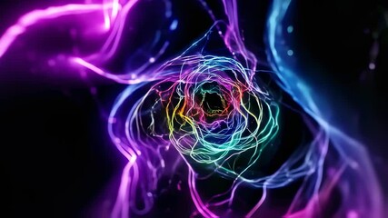 Poster - Abstract glowing neon light trails forming a tunnel design. Fluid rainbow lines creating a vibrant futuristic vortex background footage.