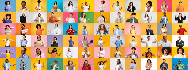 Poster - A vibrant collage displays a diverse group of people smiling and gesturing, promoting a message of unity and lifestyle diversity. Each individual represents a unique background and character.