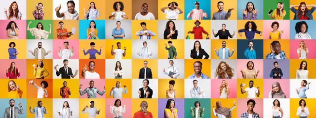 Poster - A vibrant collection of individuals from various backgrounds showcases joyful expressions in a lively collage. Each portrait highlights the beauty of diversity against bright, colorful backdrops.