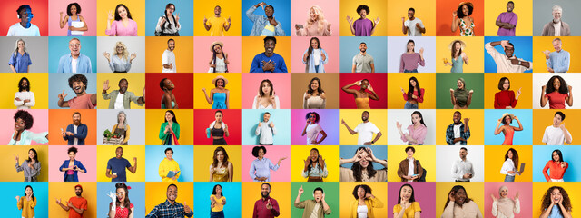 Poster - A lively collection of diverse individuals showcases a range of emotions and expressions against colorful backgrounds.
