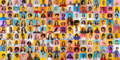 Poster - This vibrant collage features a diverse range of people from various backgrounds, each with unique expressions. The colorful backdrop enhances their individuality