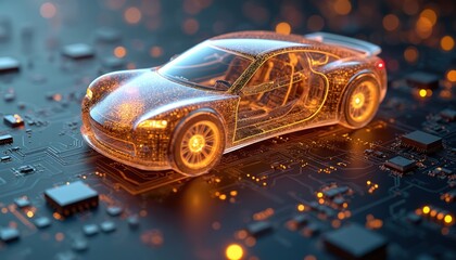Poster - Conceptual smart car model on electronic circuit board. Automotive tech, innovation with glowing details. Futuristic autonomous vehicle, AI transportation. Network system, digital, computing concept.