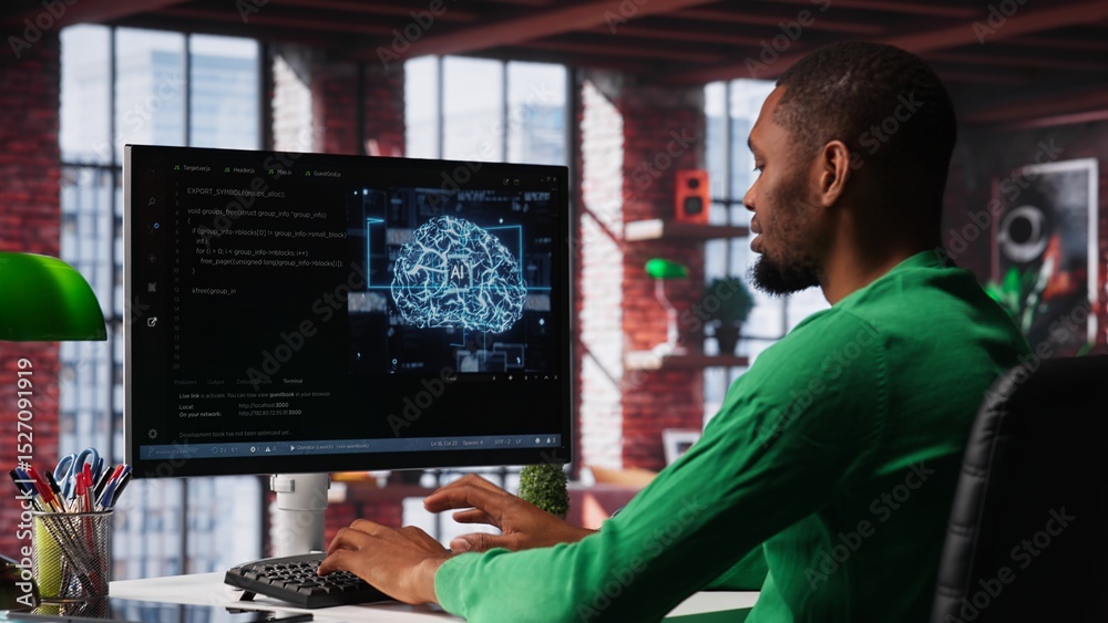 System administrator programming AI brain computerized model of neural ...