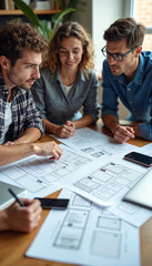 team of designers collaborate on user interface project. colleagues analyze application layouts brai