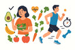 © ZaraStudio - Healthy lifestyle concept with diet and exercise. Woman eating fresh salad and man running. Vector illustration of nutrition, fitness, sport, active living, wellness, and health care.