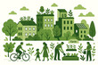 © ZaraStudio - Green city vector illustration. Concept of sustainable urban development and eco-friendly lifestyle. Community with rooftop gardens, urban farming, and people living in harmony with nature.