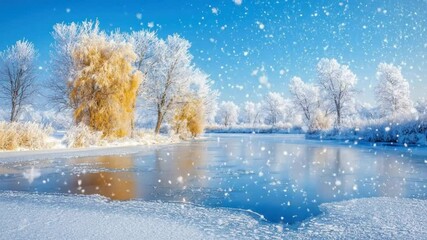 Wall Mural - Frozen winter landscape, with trees covered in frost, reflecting in a clear ice-covered lake, under a bright blue sky with light snowfall