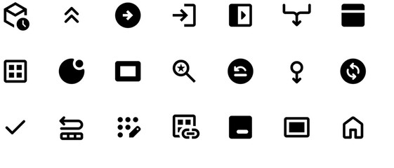 Black and white vector icon set for web development tools, featuring code editor, computer with mouse, keyboard, and arrows linking elements, flat design on white background, 35x68 pixels.