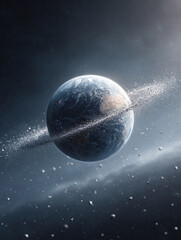 Poster - Dramatic depiction of a planet with a debris ring, set against a cosmic backdrop. Evokes themes of fragility, space exploration, and environmental concern.