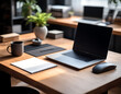 © beehana  - Modern Office Workspace with Laptop, Coffee Mug, and Notepad