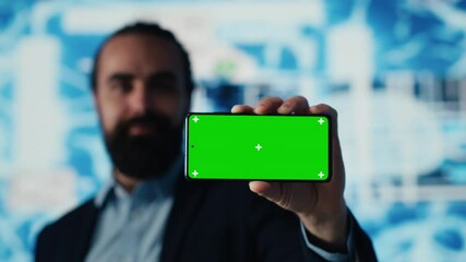 Poster - Surrounded by modern AI brain animation, entrepreneur explores virtual intelligence with green screen on device. Using automation platforms for a new innovative IT strategy. Camera A.
