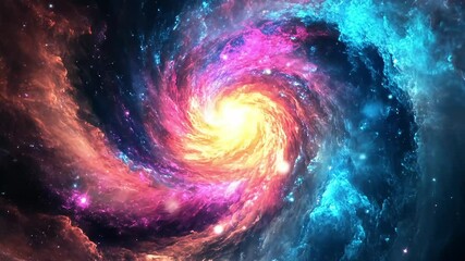 Wall Mural - A vibrant, colorful spiral galaxy glows against the dark expanse of outer space, surrounded by stars and cosmic dust.