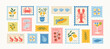 © Anna Bova - Set of italian summer mediterranean postage stamps. Vacation in Italy. Amalfi. Hand drawn lobster, lemons, tomato, seashell, cocktail, shrimp, crab, tile, beach umbrella. Vector trendy illustration.