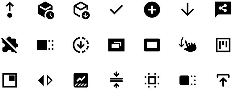 Black and white vector icon set for software, featuring checkmarks, crosses, stars, arrows, houses, cameras, phones, computers, and mouse buttons on clean background.