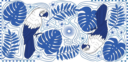  Blue tropical tile, scarf, square seamless pattern with palm leaves, parrot, flowers, geometric check ornament, jungle elements, summer vacation print. Cute vector background, textile design, print