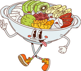 Aufkleber - Cartoon retro groovy japanese anmitsu dessert character. Japanese cuisine dessert meal cute groovy personage, anmitsu bowl with kiwi, banana and tangerine fruit, strawberry, pomegranate and agar