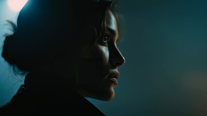 Poster - Hopeful woman silhouetted against blue illumination, gazing upward with dramatic expression revealing inner contemplation and profound emotional depth