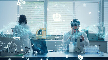 Poster - Genetic research concept with multinational group of scientists conducting an experiment