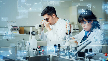 Poster - Researcher conducting experiments in laboratory and digital data concept