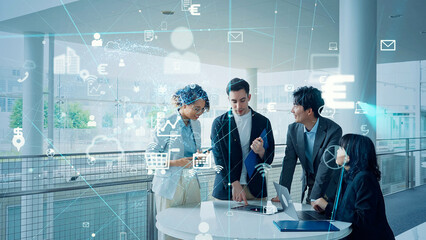 Poster - Group of multinational business people talking in office and communication network concept